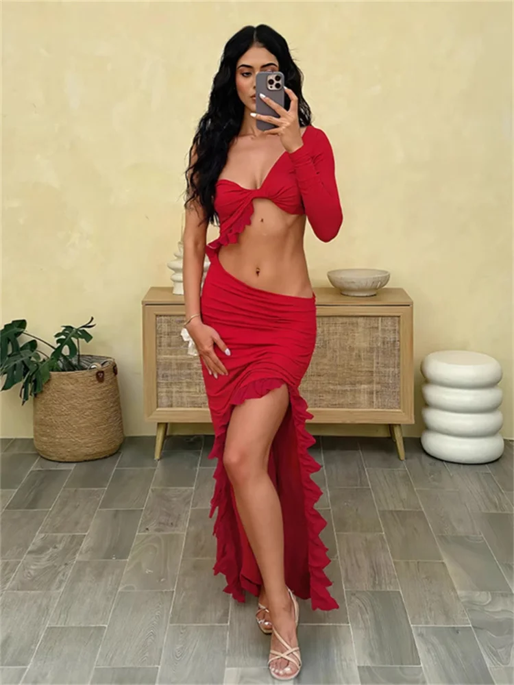 Nibber Ruffles Women Irregular Dress Hollow Side Split Inclined Shoulder Full Sleeve Knot Low-Neck Midnight Coquette Vestidos