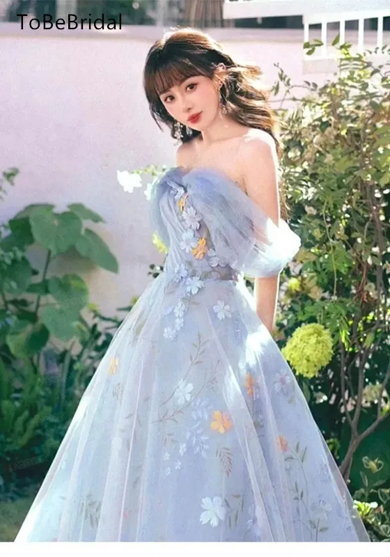 

Elegant Women's Off the Shoulder Prom Dress A-Line Sky Blue Lace Floor length Wedding Party Dress Formal Graduation Evening Gown