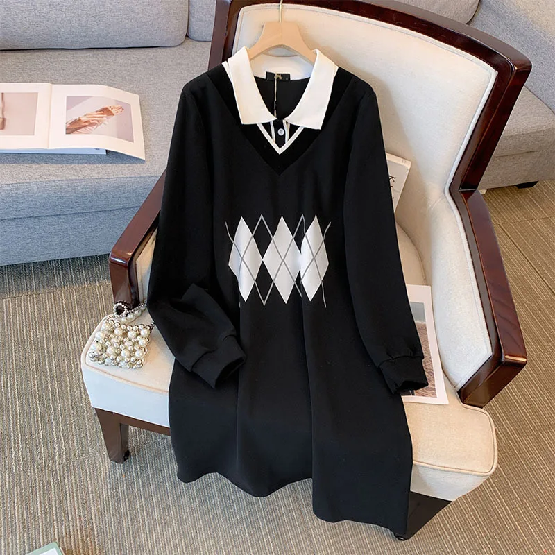 

150Kg Plus Size Women's Bust 155 Spring Autum Loose Long Sleeve Fake Two-Piece POLO Sweater Dress Black 5XL 6XL 7XL 8XL 9XL