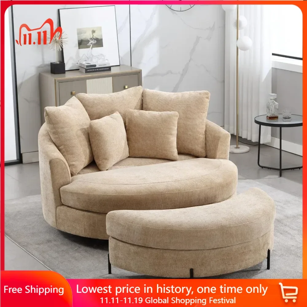 59.8" W Living Room Chair with Ottoman, Wheels, Knitted Chenille, Round Barrel Chairs Set, Extra Large Living Room Chair Set