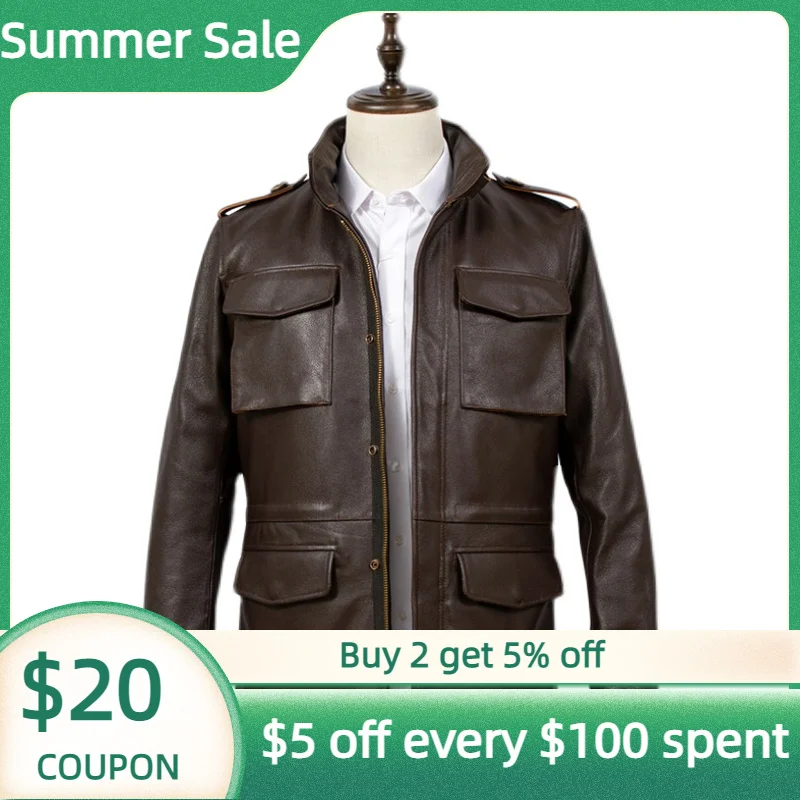 

Genuine 2023 Leather Brown Jacket Men Safari Style Plus Size 4XL Real Natural Thick Cowhide Winter Warm M65 Coat