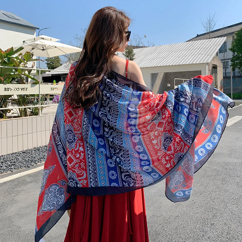 Print Trip Beach Sunscreen Scarve Bikini Shawl Sarong Wrap Scarf Women Brazilian Swimsuit Bathing Cover-ups Cape 90x185CM