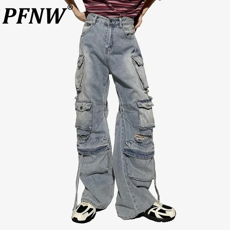 

PFNW Spring Summer Men's Fashionable High Street Techwear Jeans Tide Worn Out Baggy Streetwear Ribbon Safari Style Pants 12A9804