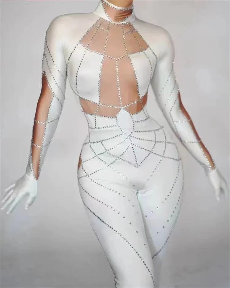 

White Jumpsuit Party dresses for women drag costume sexy festival show costumes dress with stones Birthday Special Ocassion