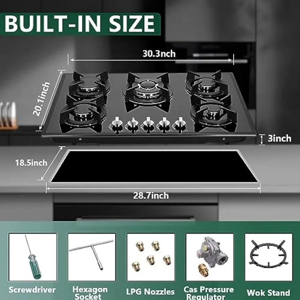 Gas Cooktop 30 Inch, Built-in Tempered Glass Gas Stovetop 5 High Efficiency Burners Stove Top Propane