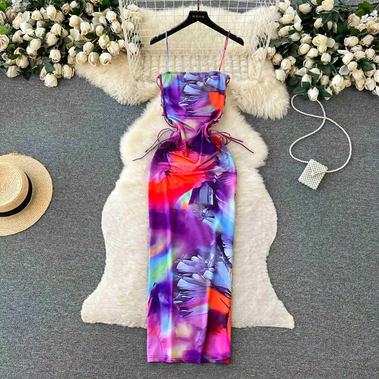 Elegant Women Summer Print Spaghetti Strap Dress 2024 New