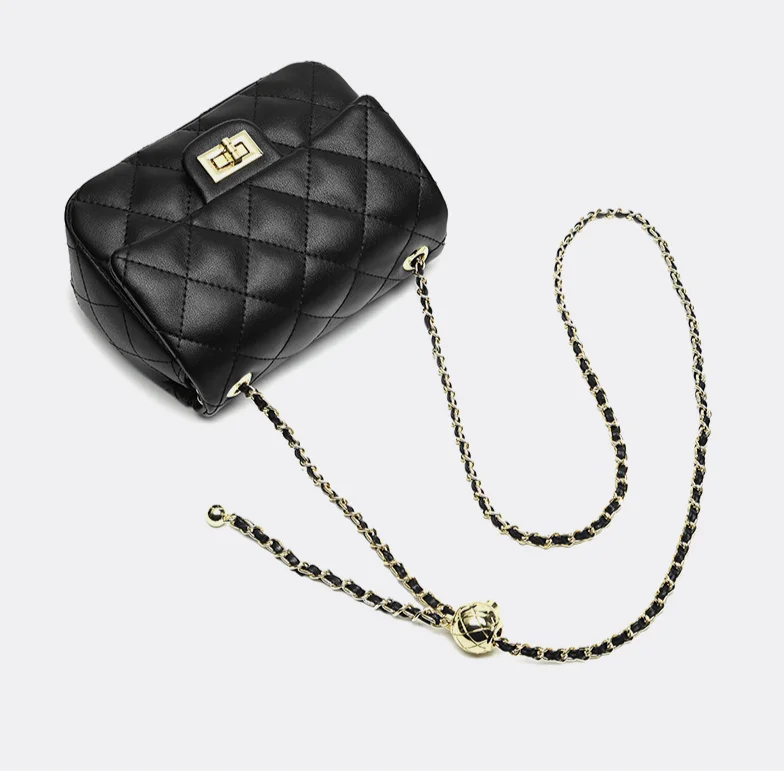 Genuine leather square chubby little golden ball 2024 new women's small fragrant style diamond grid chain single_voghion.com