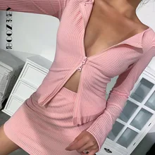 

BoozRey New Sexy Zipper Cardigan V Neck Knit Bag Hip Short Skirt Set Casual Slim Long-sleeved Top Autumn Nightclub Women's Dress
