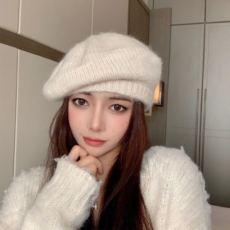 New Fashion Women's Autumn and Winter Hat Female Striped Mohair Knitting Wool Cap Retro Beret Pure Color Painter Cap 2