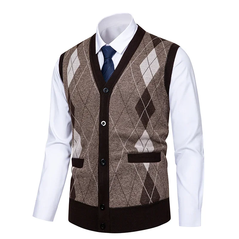 Autumn Winter Mens Fleece Knit Sweater Vest Slim V-Neck Fashion Jacquard weave Mens Warm Sleeveless Coat chalecos para hombre