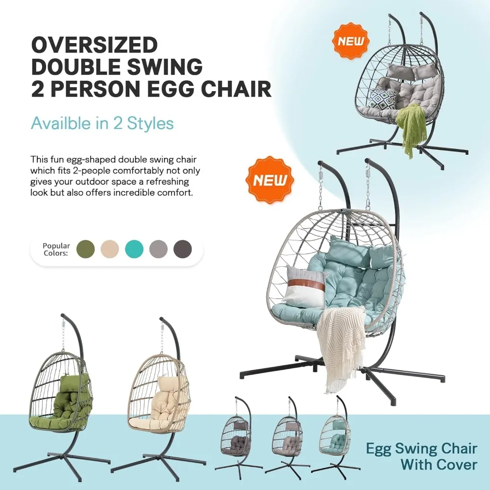 2 Person Double Egg Swing Chair with Stand Indoor Outdoor, Patio Wicker Rattan Hanging Egg Chair w/Cushion, Pillow 5