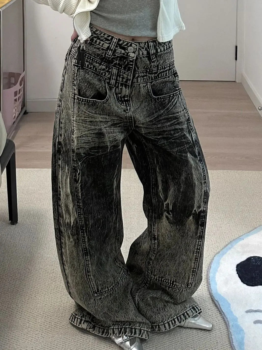 

Американские тяжелые Промышленные грязеотталкивающие джинсы с двойной талией женские уличные прямые свободные штаны для похудения широкие штаны модные брюки