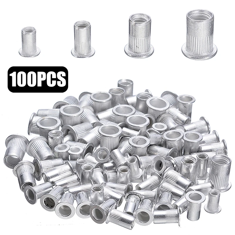 100pcs Steel Aluminum Rivet Nuts Kit Threaded Rivet Nut Inserts Rivnut