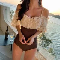 Sexy Off Shoulder Flounce One Piece Swimsuit Lady Monokini Half Sleeve Swimwear Women Swim Bath Suit - Image 2