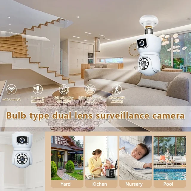 4K 8MP E27 Bulb WiFi Camera Dual Lens Dual Screen IP Camera Auto Tracking Two Way Audio Night Vision Outdoor Security Camcorder 3