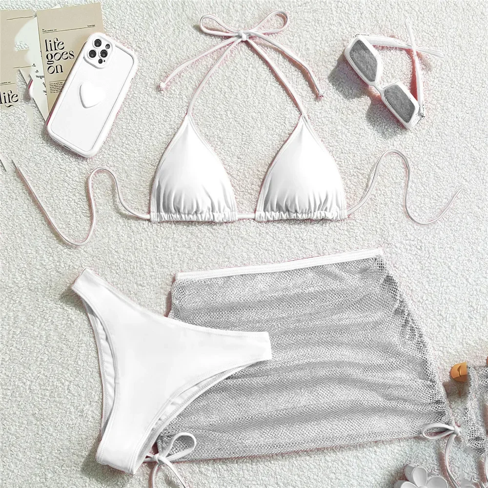 Solid Brown Swimwears String Halter Triangle 3 Piece Bikini Set Sexy Swimsuit Women 2025 Mesh Skirts Bathing Suit Bikinis Dames