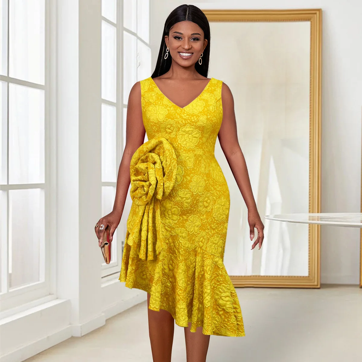 

Zoctuo Elegant 3D Flower Bodycon Dress Sleeveless Sexy V-Neck Irregular Ruffles Party Dresses Fashion High Waist Evening Gowns