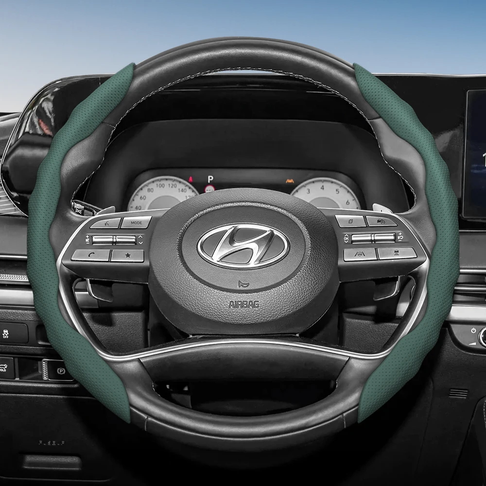 Steering Wheel Cover with Wavy Sports Design - Breathable Leather, Segmented Anti-Slip, Sweat-Absorbing Protective Cover