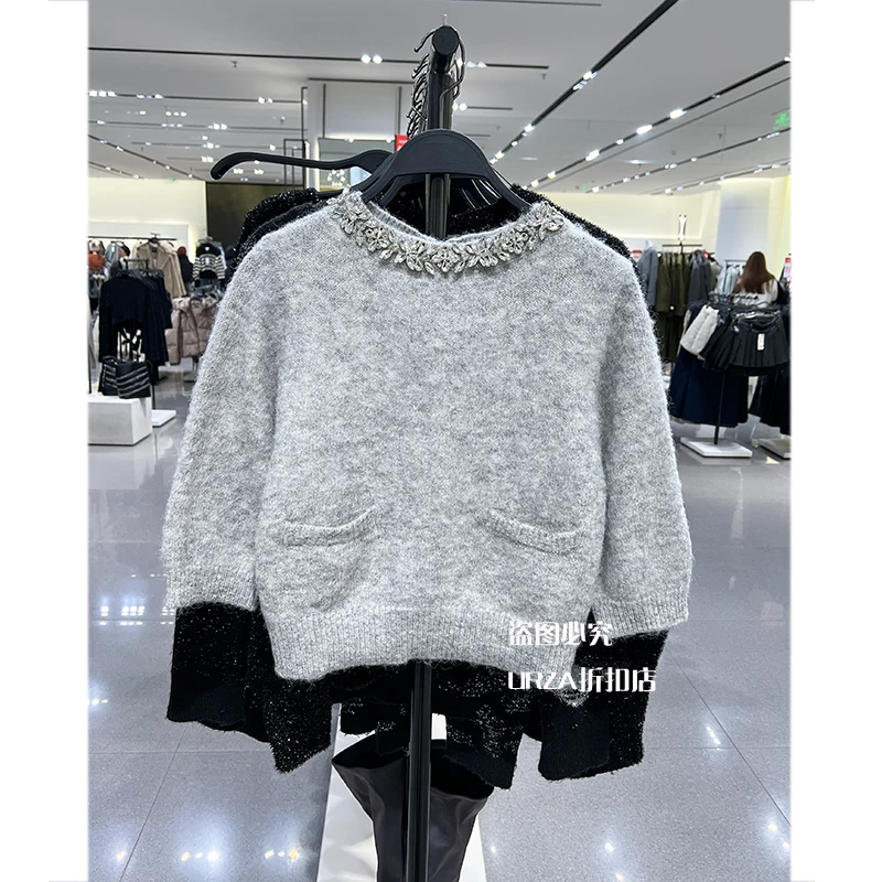

Half Sleeves Knit Pullovers For Women Sexy Crop Tops Grey Color Beading Elegant Knit Jumper Pullovers with Pockets