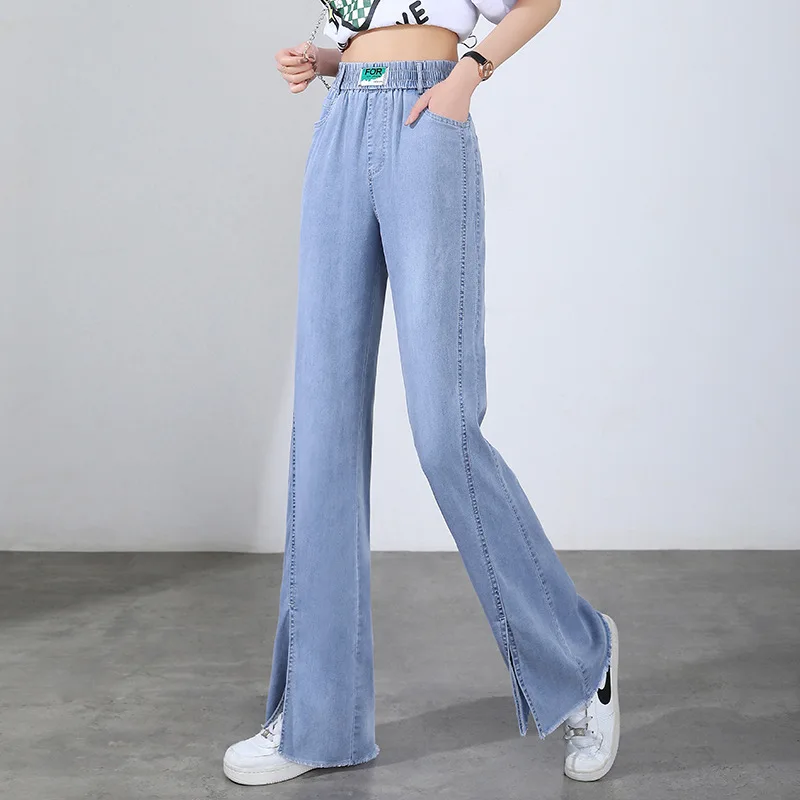 

Ice Silk Jeans Women's 2022 Summer Casual Thin High Waist Blue Wide Leg Pants Straight Flared Pants Ripped Jeans for Women