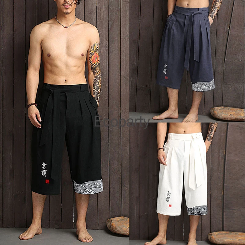 

New Chinese Traditional Pants For Men Asian Clothing Bath Pant Casual Loose Male Japan Style Yukata Trousers Linen Cropped Pants