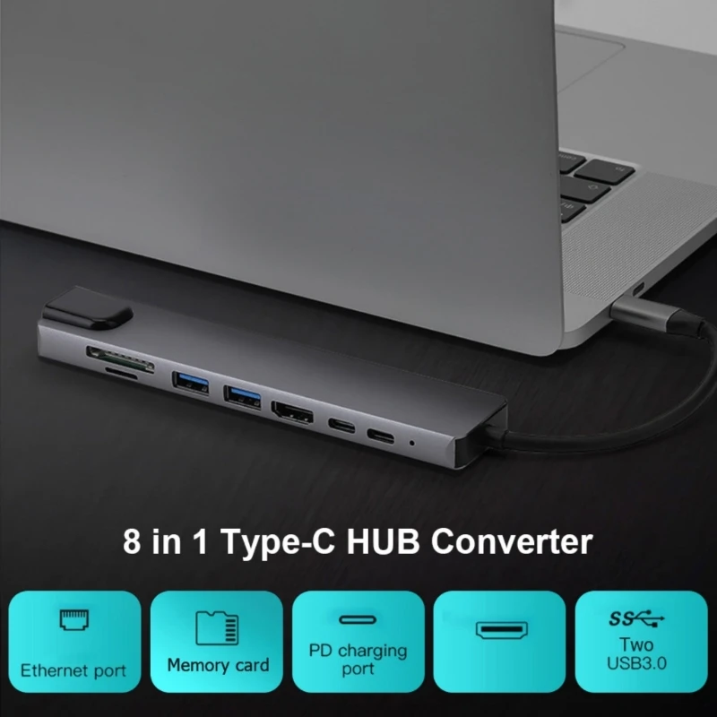 8 in 1 Multiport Adapter with Gigabit Ethernet Type-C USB Port Card Reader 601E
