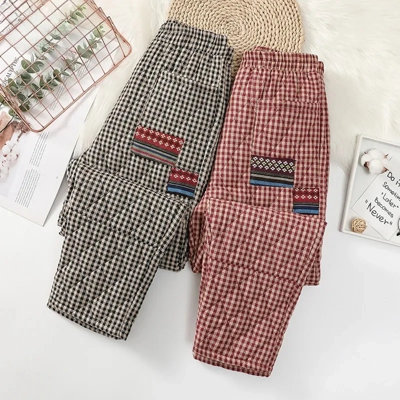 Loose Elastic High Waist Warm Cotton Pantalones Mother's Casual Quilted Thicken Pants Vintage Patchwork Plaid Winter Pants Women
