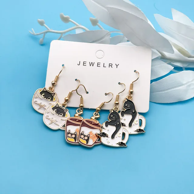 3pairs/set Fashion Exquisite Cute Teacup Cat Earrings Little Cat In A Coffee Cup Accessories For Women Gift For Cat Lover 2
