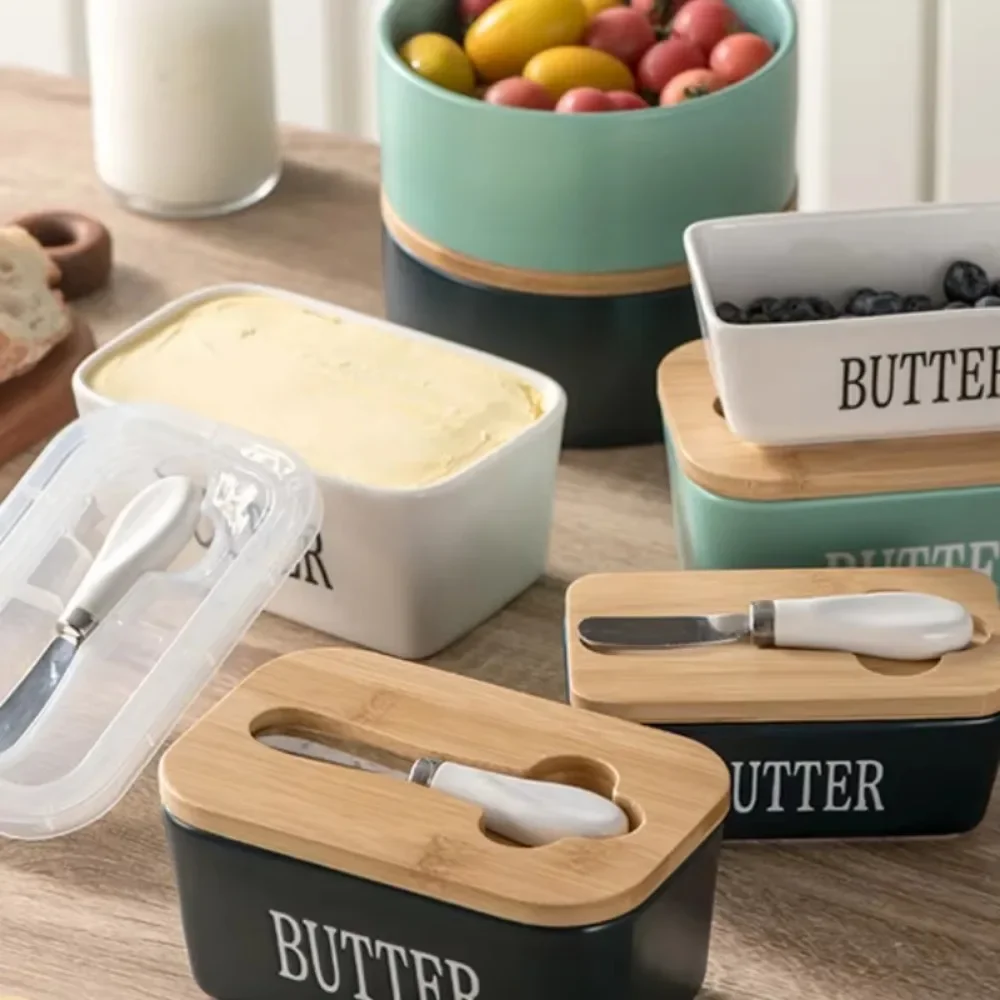 Butter Storage Box Ceramic Butter Container Box Restaurant Seal Storage Boxes Cheese Box Knife Bamboo Lid Butters Slicer Butter Dish Tableware