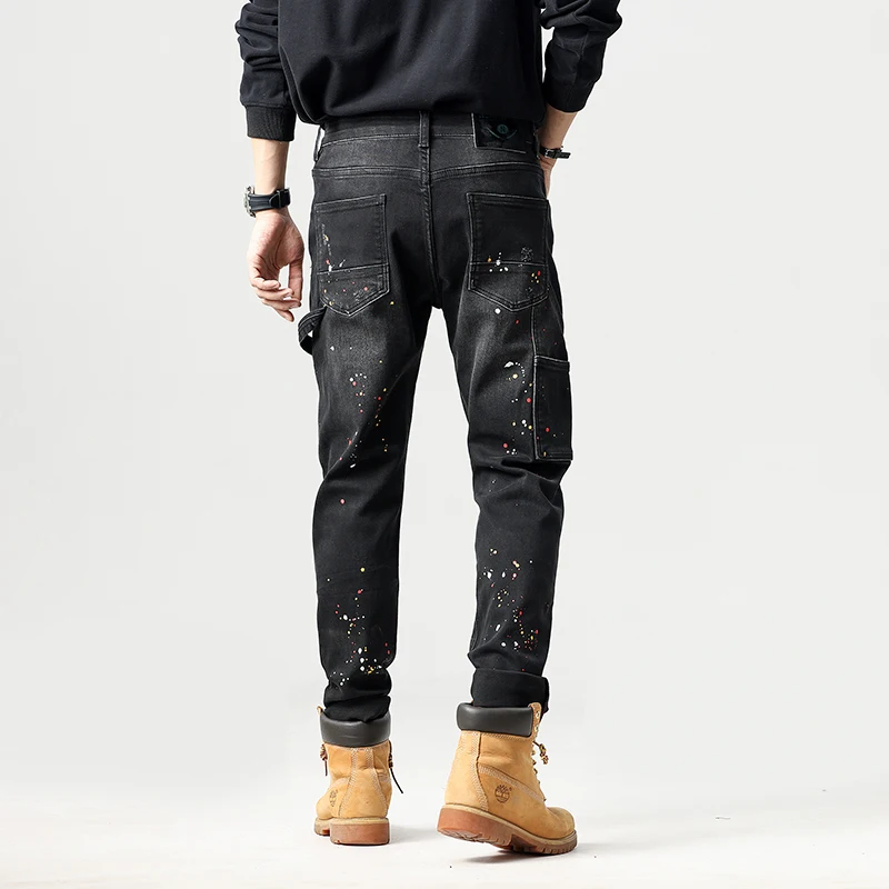 Streetwear fashion men jeans retro black Gray stretch slim fit destroyed ripped jeans men patched designer hip hop pants Hombre