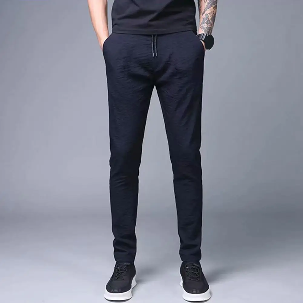 

Mid-rise Elastic Waistband Men Pants Drawstring Pockets Pleated Summer Ice Silk Thin Straight Leg Pants Streetwear