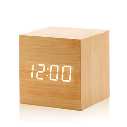 Smart Wooden LED Alarm Clock with Voice Control and Temperature Display (Bamboo Color)