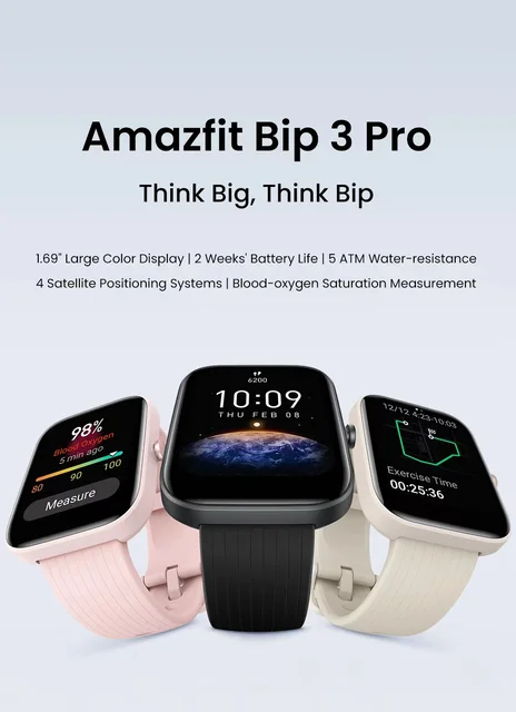 Amazfit Bip 3 PRO smartwatch with GPS, 1.69-inch display, 5 ATM