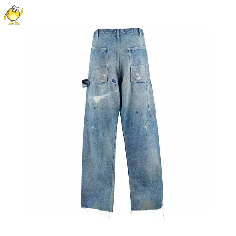 High Street New Saint Jeans Pants Men Woman 1:1 Casual Washed Hole Old Loose Blue Trousers Graffiti Vintage Best Quality 2