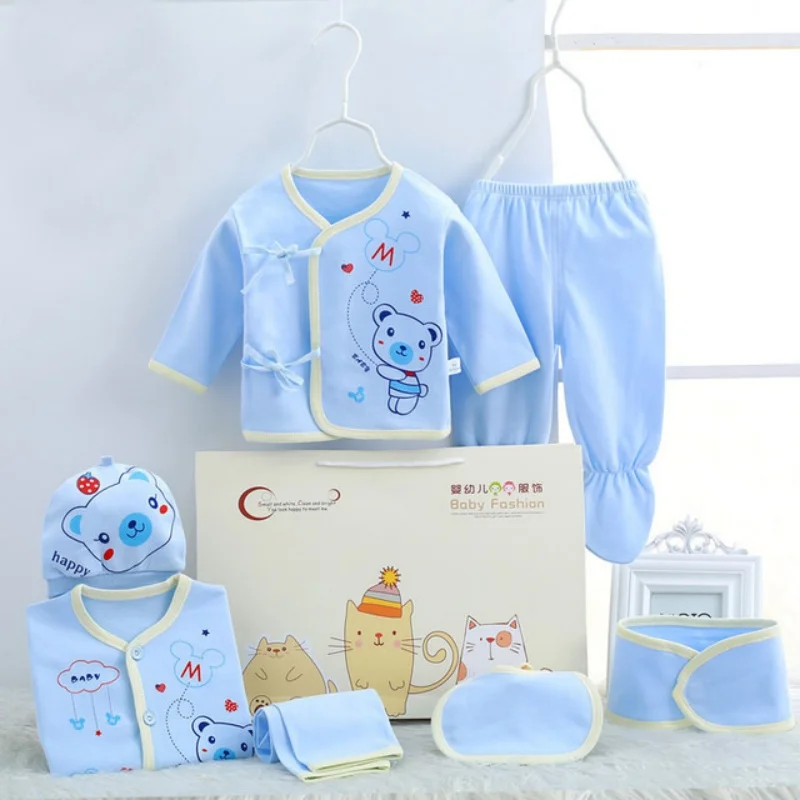 Newborn Baby Cartoon Animal Set Infant Cotton 7 - Piece Outfit Pajamas Bib Hat Pants Clohting Set