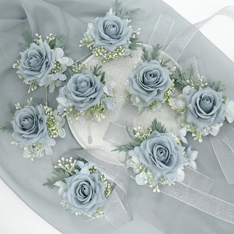 Wedding Boutonniere Silk Roses Corsage Wrist Bridesmaid Bracelet Flowers Groom Buttonhole Suit Broche accesorios de boda