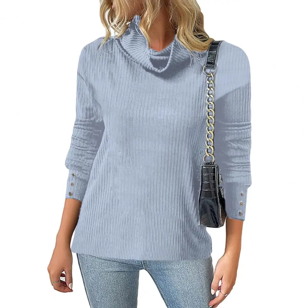 

Women Turtleneck Long Sleeve Buttons Cuffs Ribbed Sweater Winter Solid Color Loose Warm Sweater for women свитер женский
