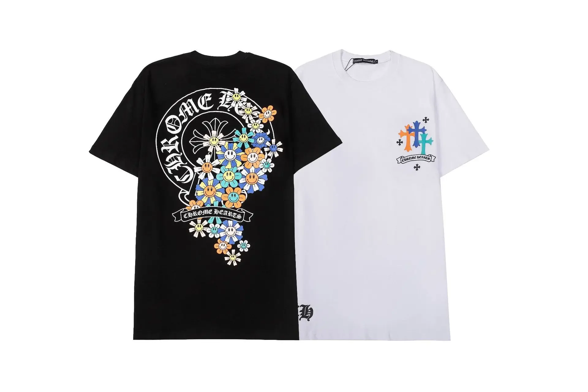 

Fashion New Chrome Hearts Horseshoe Sanskrit Rainbow Smiling Face Flower Print Short sleeved T-shirt Luxury