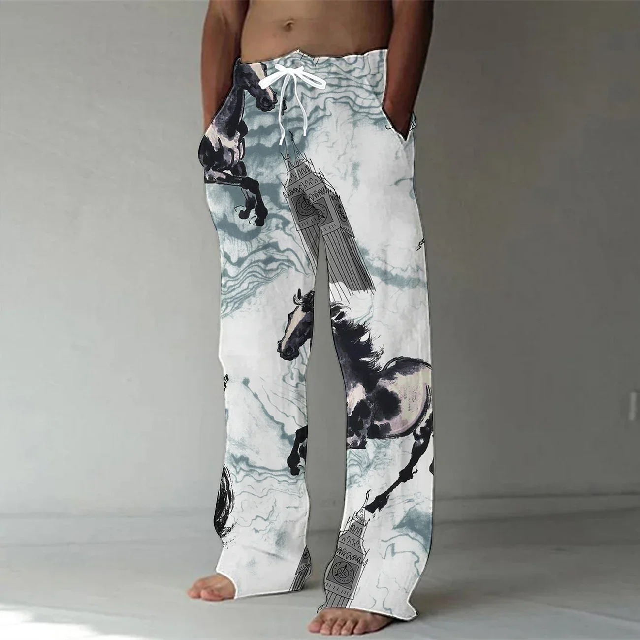 

New 3D digital printing casual European and American Amazon men's drawstring elastic straight linen loose casual wide-leg pants