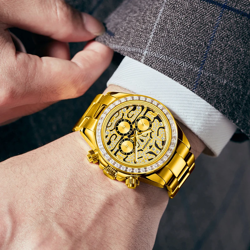 

Новые Роскошные мужские часы GUANQIN, золотые автоматические часы, мужские многофункциональные механические наручные часы с цветным камнем