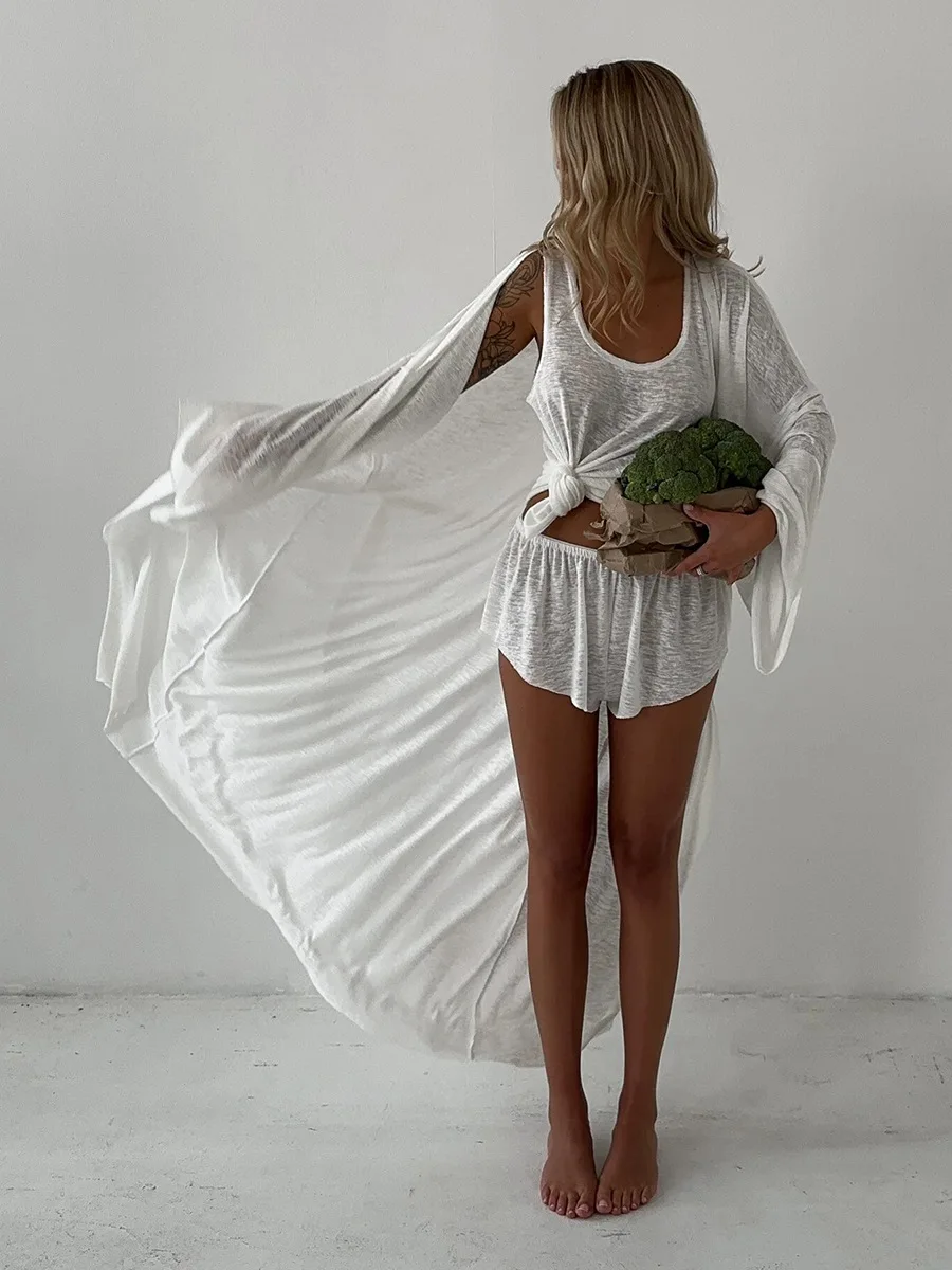 Bornladies White Robe Vest Shorts 3-Piece Set  Woman Autumn New Semi Transparent Beachwear Casual Long Sleeved Cardigan Set