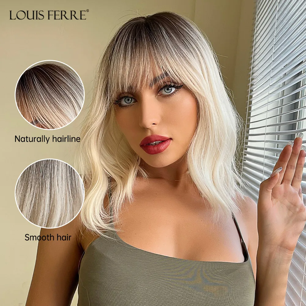 Louis Ferre Parrucca Sintetica Ondulata Corpo Biondo Chiaro Corto Parrucche Ricci Biondo Platino Con Frangia Costume Da Festa Quotidiana Resistente Al