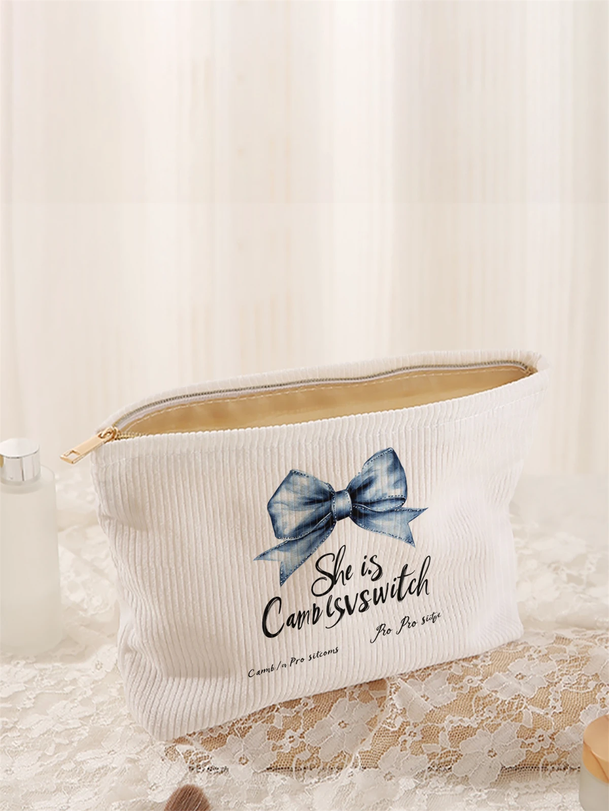 1 butterfly knot patterned corduroy makeup bag, lightweight zipper makeup storage box, multifunctional bag with lining