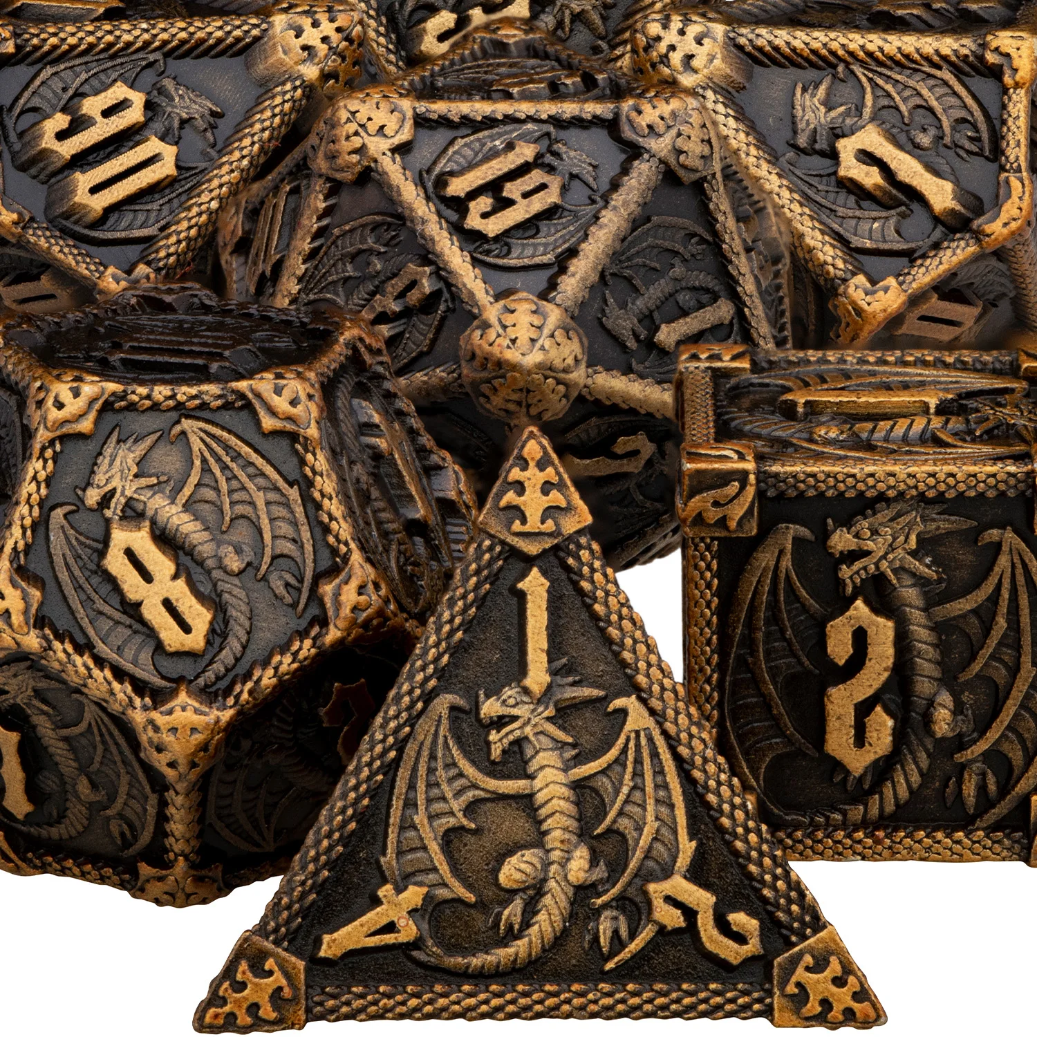 AncientGoldDNDMetalPolyhedralDragonDiceForDungeonandDragon