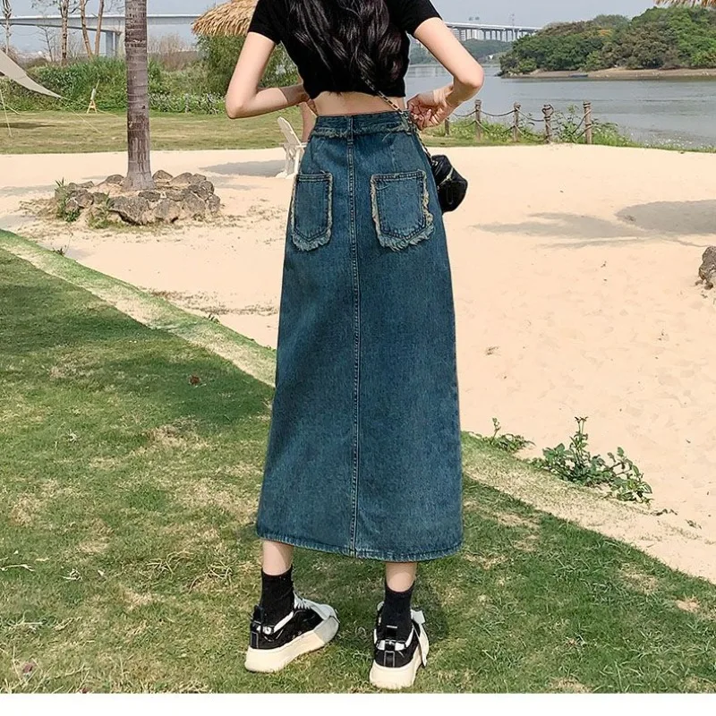 Women's Spring Autumn Distressed Asymmetrical Solid Denim High Waisted Button Pocket Zipper Fashion Loose Sexy Vintage Skirt
