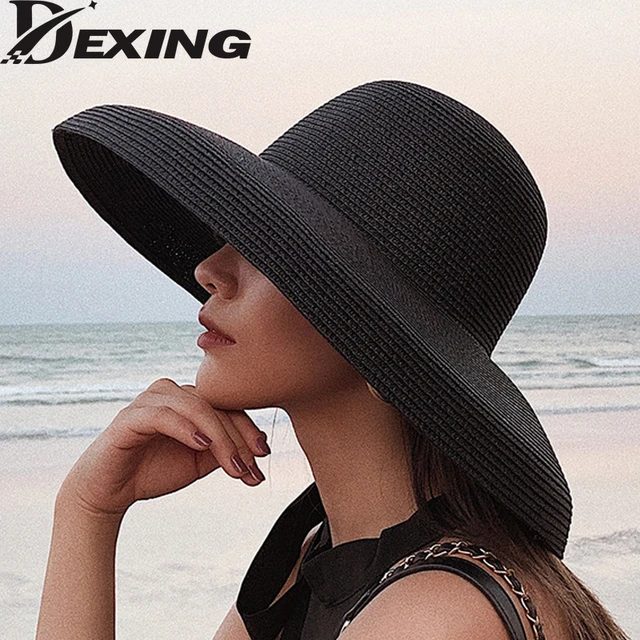 أسود الرجعية قبعة الشاطئ الإناث الصيف واسعة حافة قبعة من القش حماية السفر  عطلة الترفيه قبعة الشمس للنساء - AliExpress