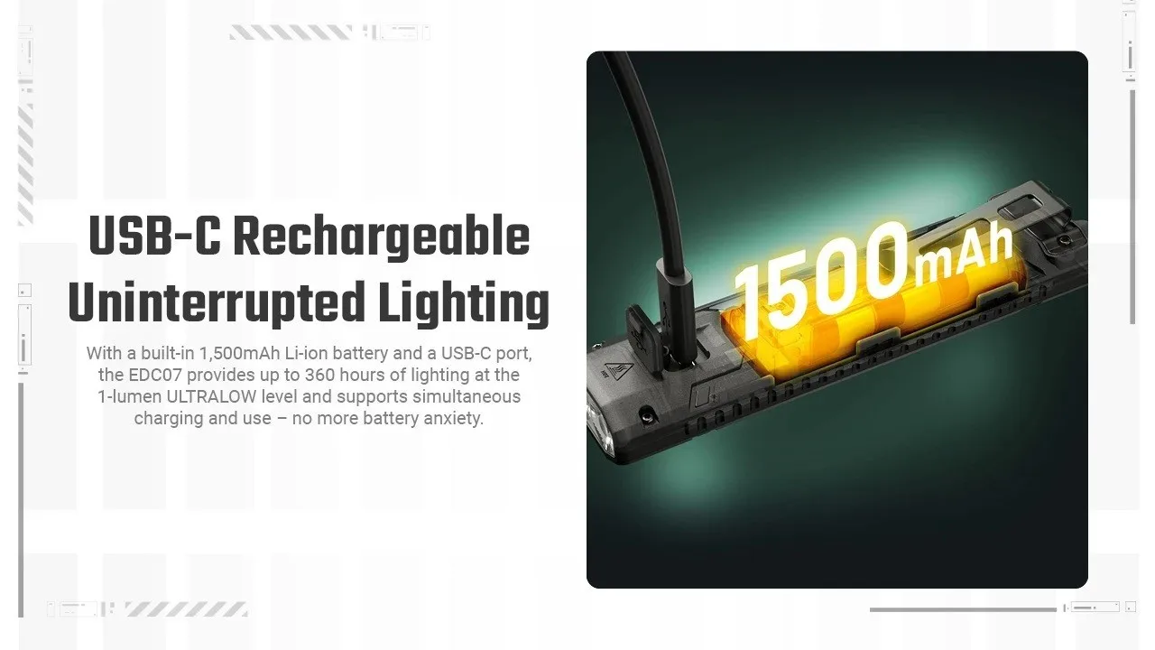 나이트코어 EDC07 데저트 블랙 USB-C 충전 1500루멘 LED 토치 손전등