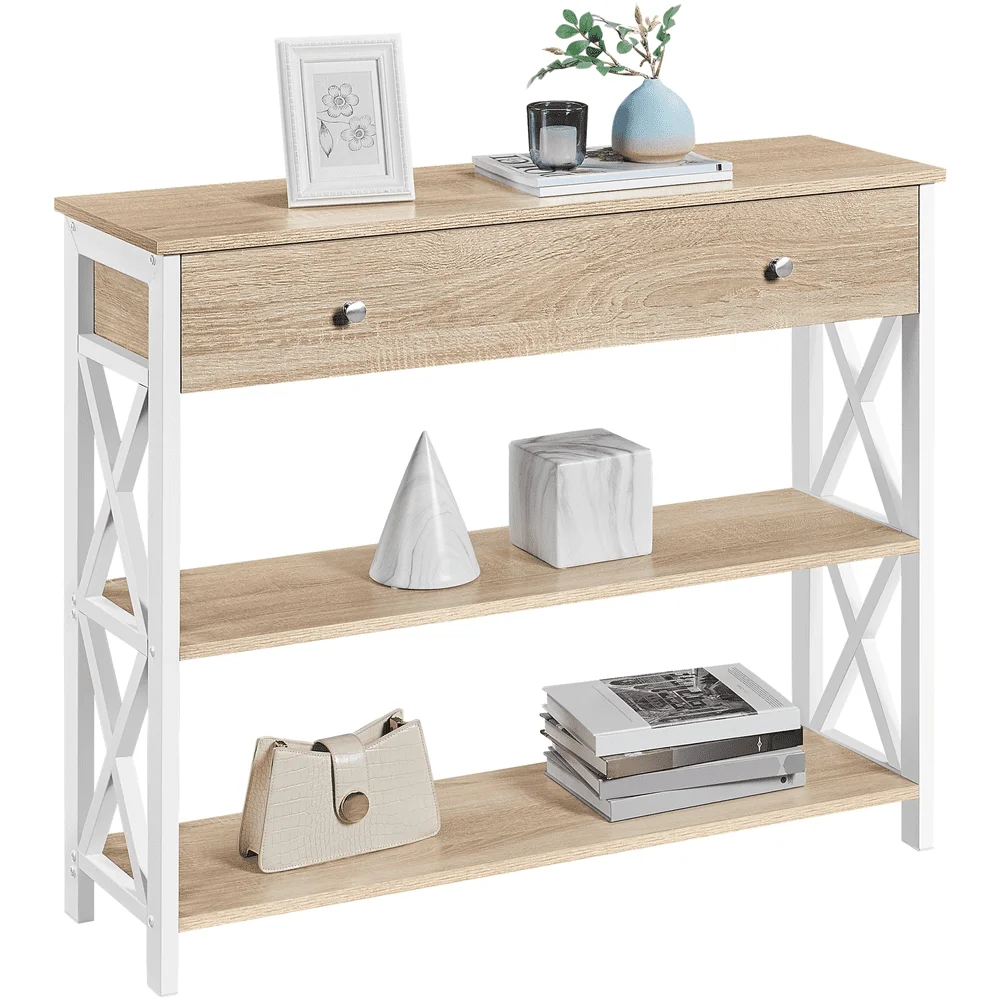 

Easyfashion Wooden Console Table with Drawer and Shelves, Light Oak