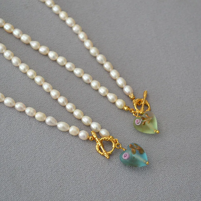 Freshwater Pearl Choker Arabesque Branch Hand-painted Flower Elegant Glass Love Heart Vintage OT Necklace