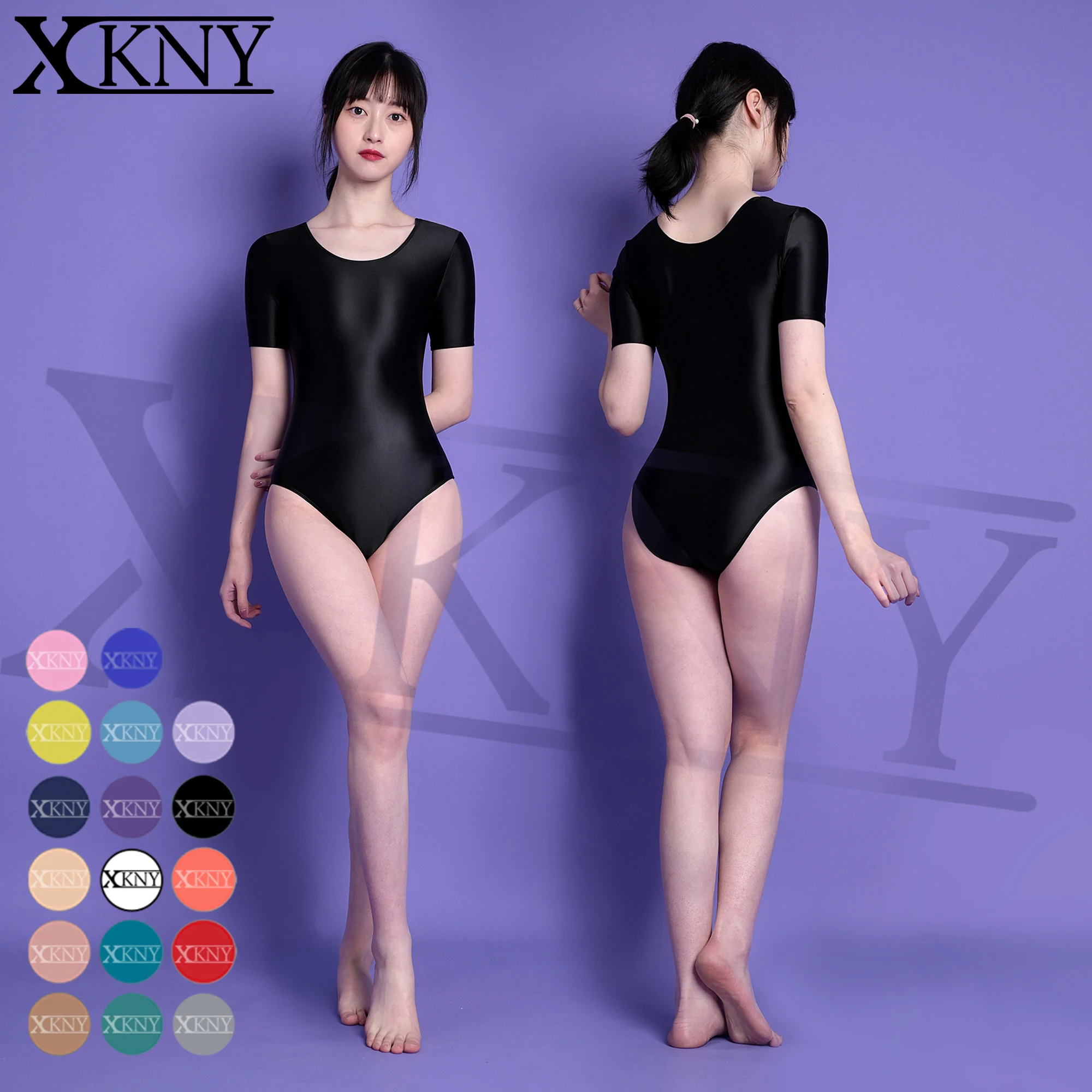 

XCKNY One piece sexy tights oil glossy slip smooth high fork short sleeve swimsuit Yoga sportswear solid color BODYSUIT